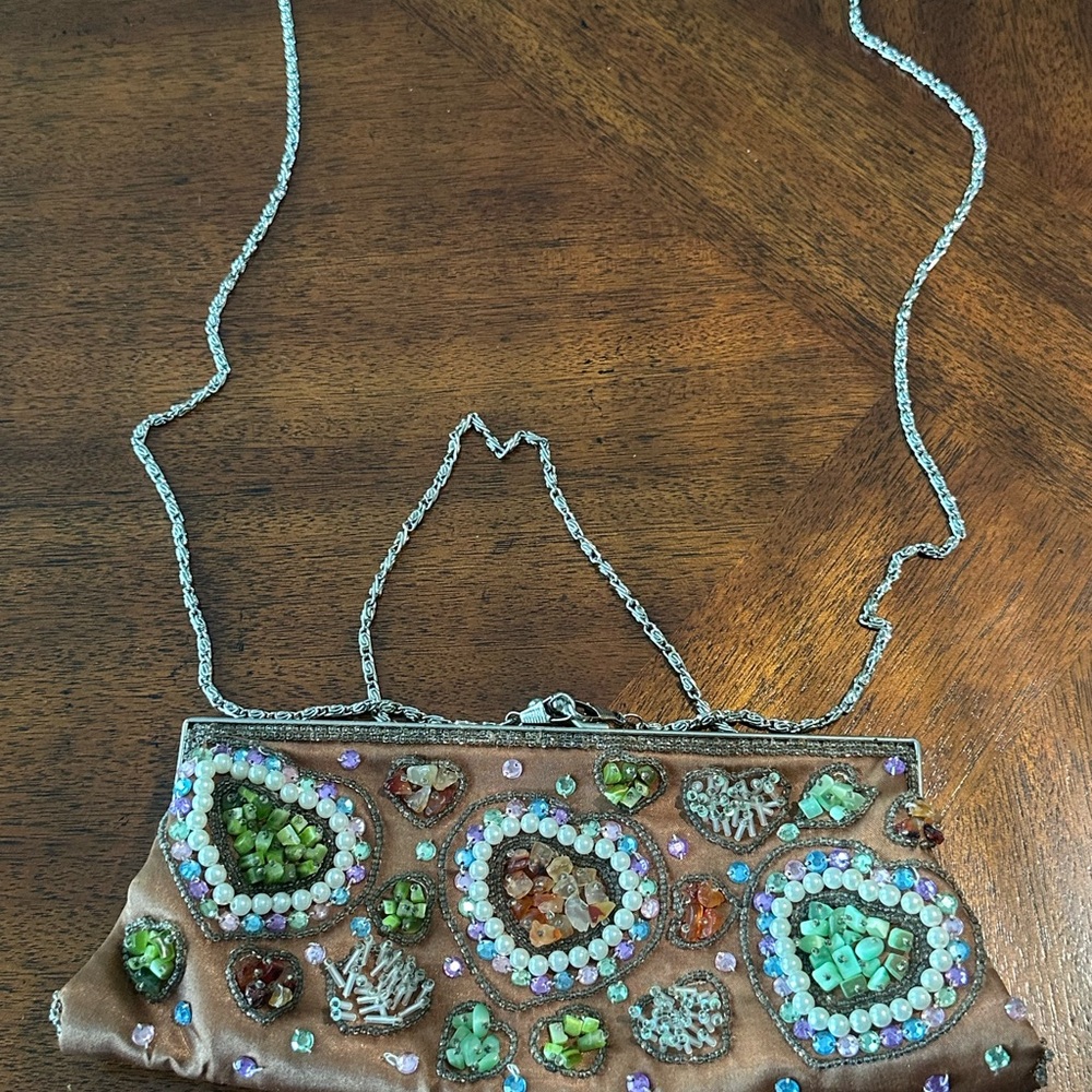Lapis Embellished Tan Clutch with Silver Chain